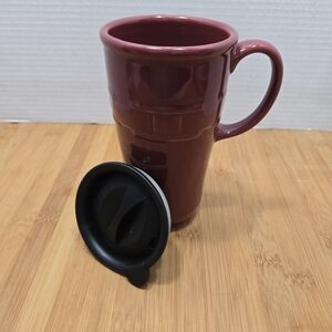 Longaberger Pottery Woven Tradition Travel Mug, Tall Coffee Cup, Paprika Red